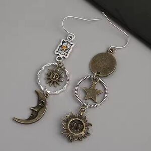 Bohemian Sun and Moon Dangle Earrings - Silver and Bronze